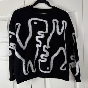 Thread & Leaf Dinosaur Graphic Sweater Black White Crewneck Pullover Size XS